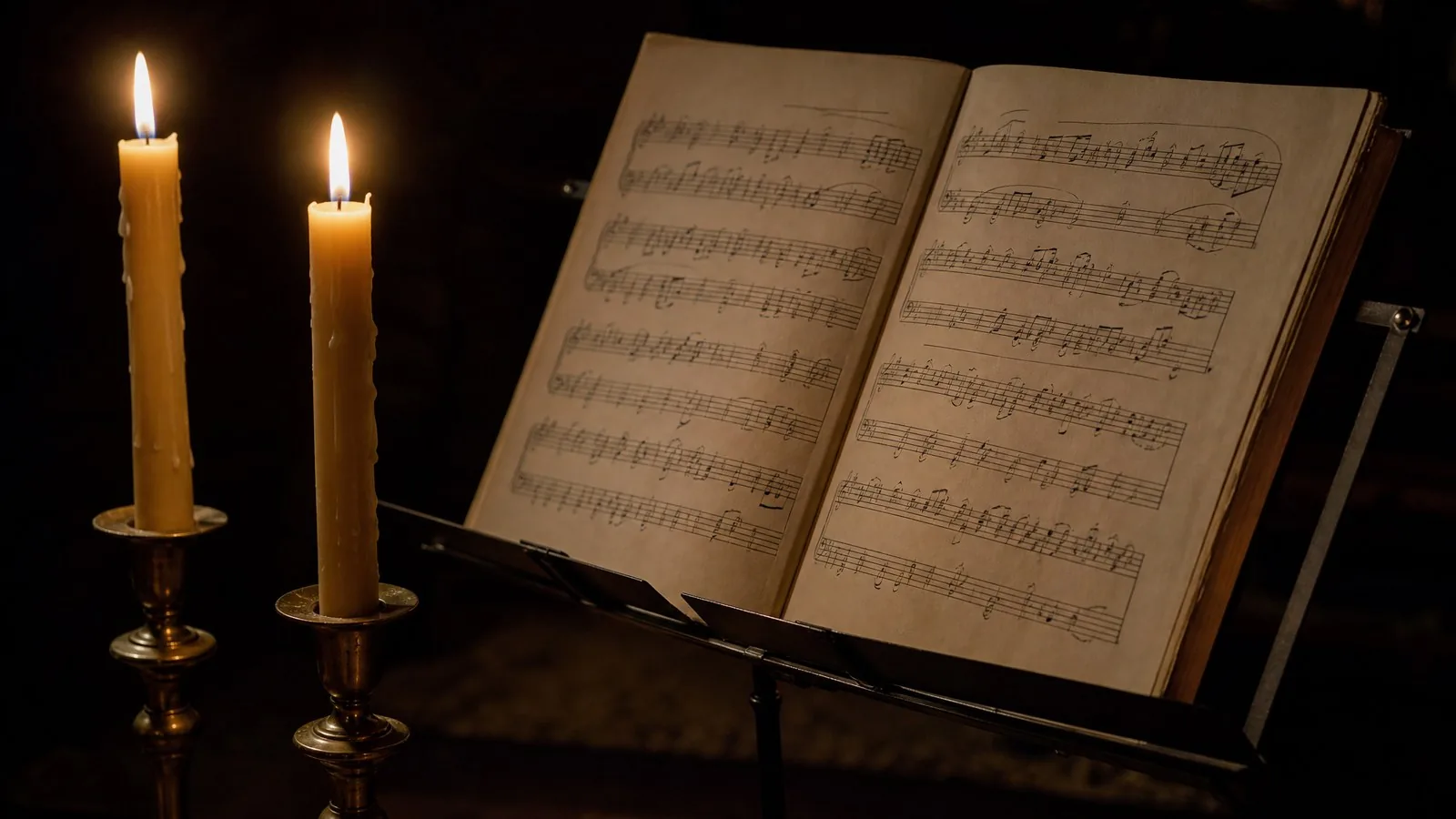 Two beeswax candles burning beside an open score on a black music stand