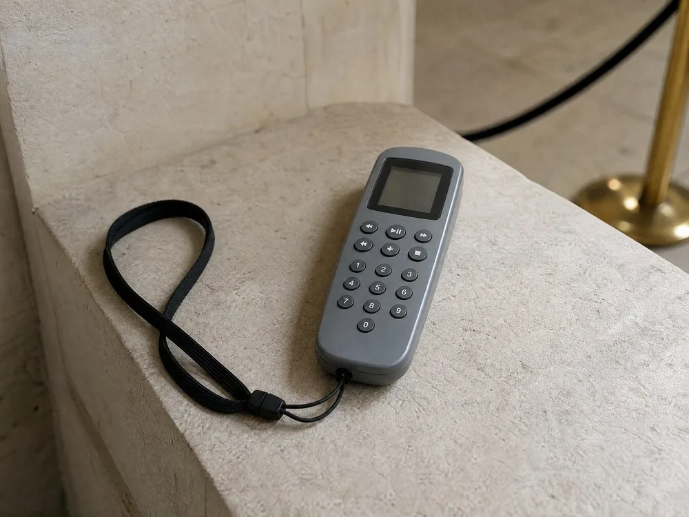 A plain grey audio handset on a lanyard, on a stone bench
