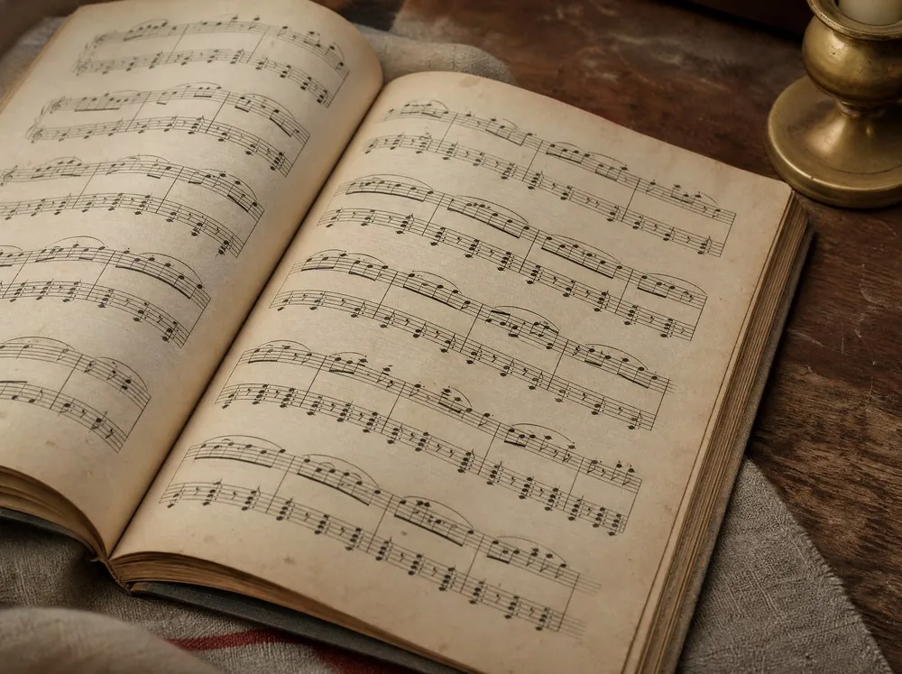 The open pages of an old musical score in raking light