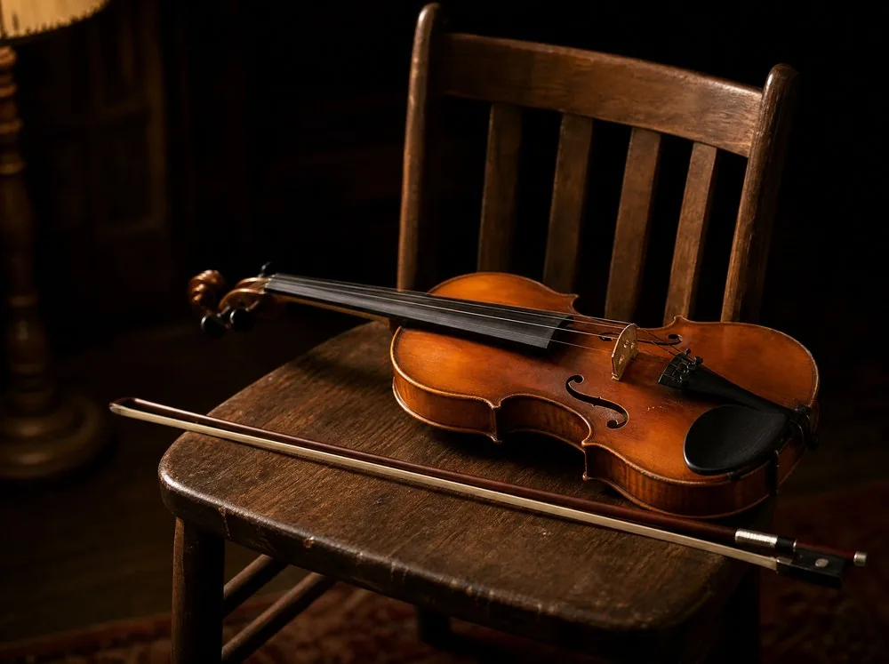 A violin and its bow lying on the seat of a plain wooden chair